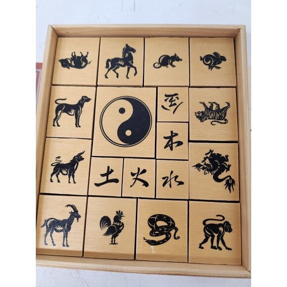 Lily Song Chinese Zodiac Animal Symbols 18 Rubber Stamps Set In Wooden Box New - Picture 3 of 9